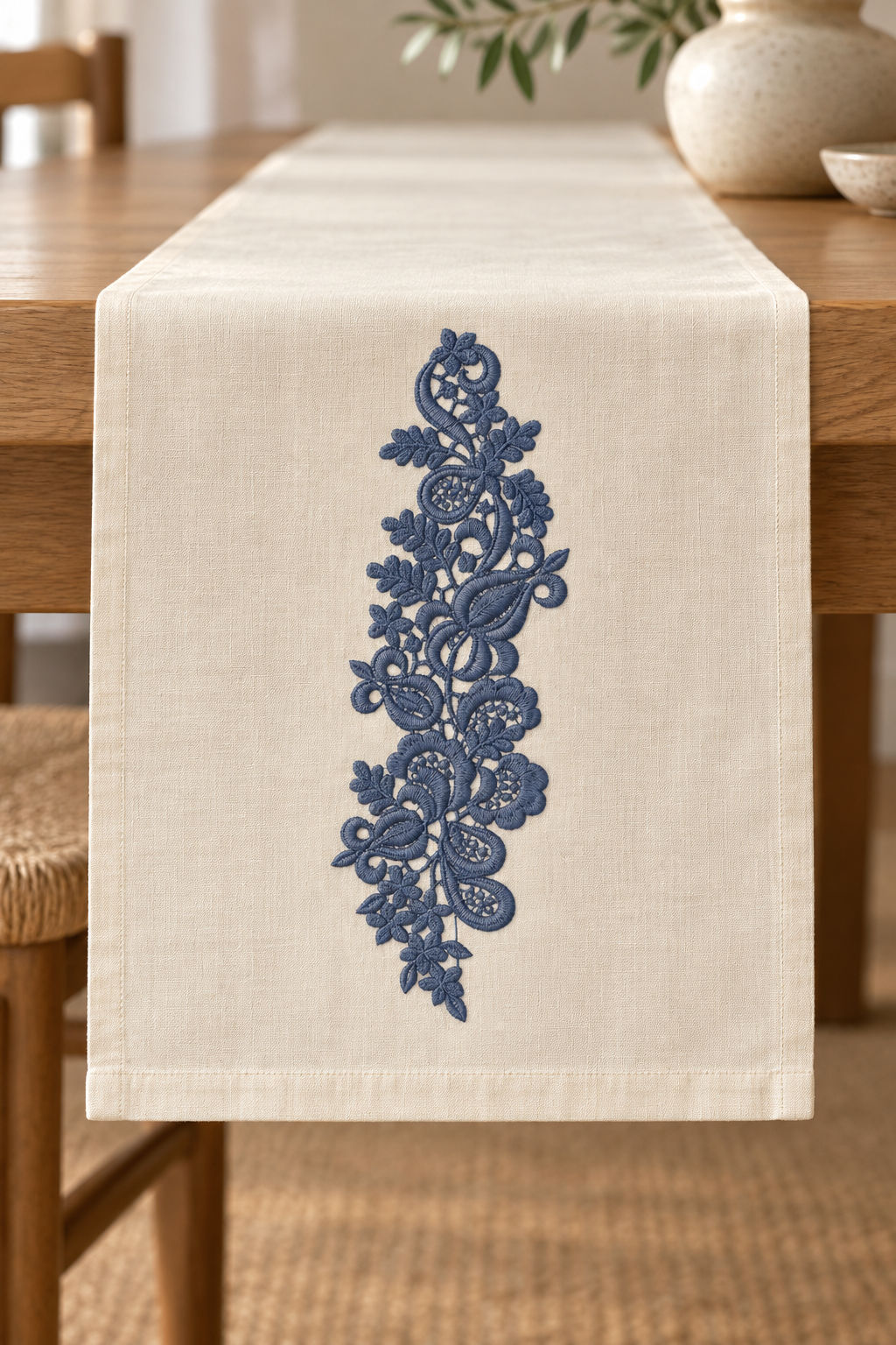Linen table runner with a single deep slate blue machine-embroidered paisley lace botanical spray motif on natural ivory linen.