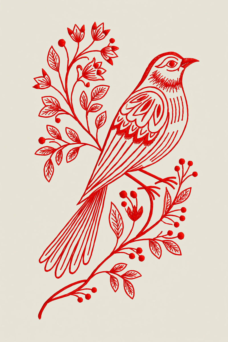 Slavic Redwork Bird And Branch from Hungarian & Slavic Embroidery Motifs Book 4, a digital embroidery design reference for machine embroidery designs, embroidery patterns and embroidery design reference.