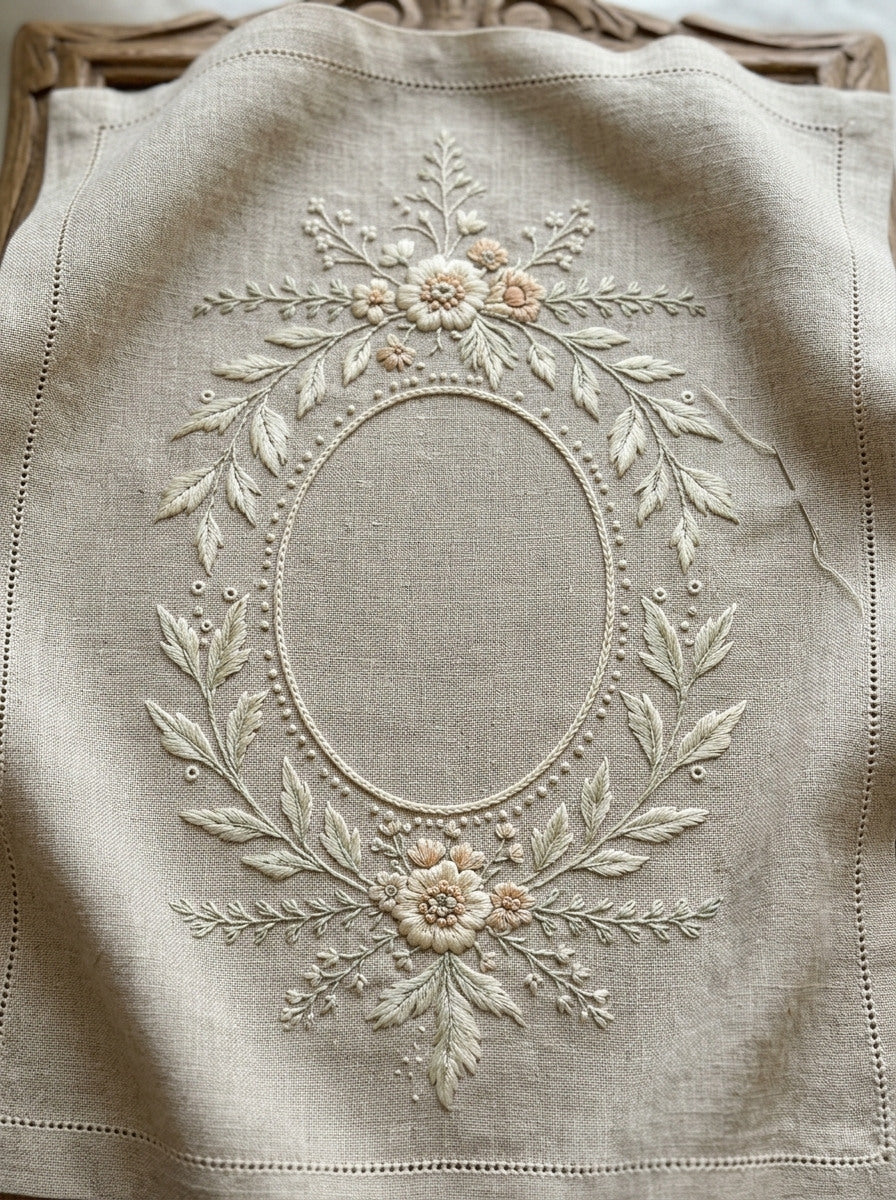 Small Keepsake Monogram Frame French from French Embroidery & La Broderie Blanche Book 6, a digital embroidery design reference for machine embroidery designs, embroidery patterns and frames and monogram spaces.