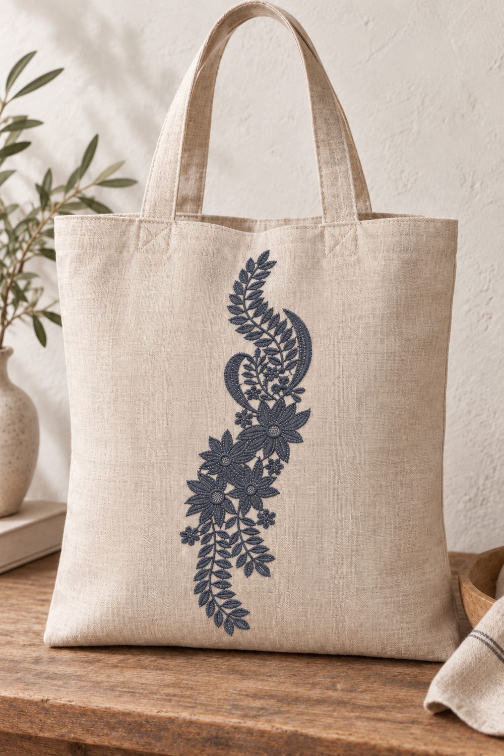 Single-color smoked-indigo botanical paisley machine embroidery centered on a flax linen tote