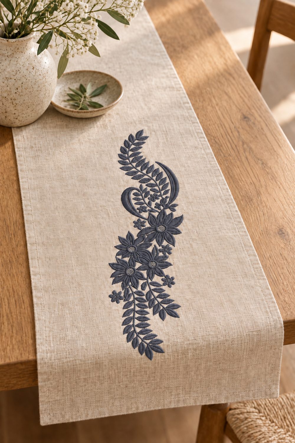 Single-color smoked-indigo botanical paisley machine embroidery on a natural linen table runner