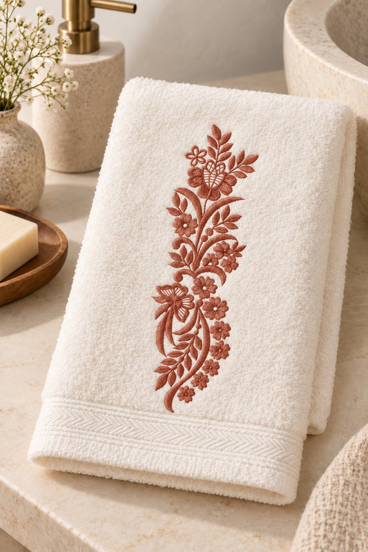 Single-color smoked-terracotta butterfly floral machine embroidery on a white guest towel
