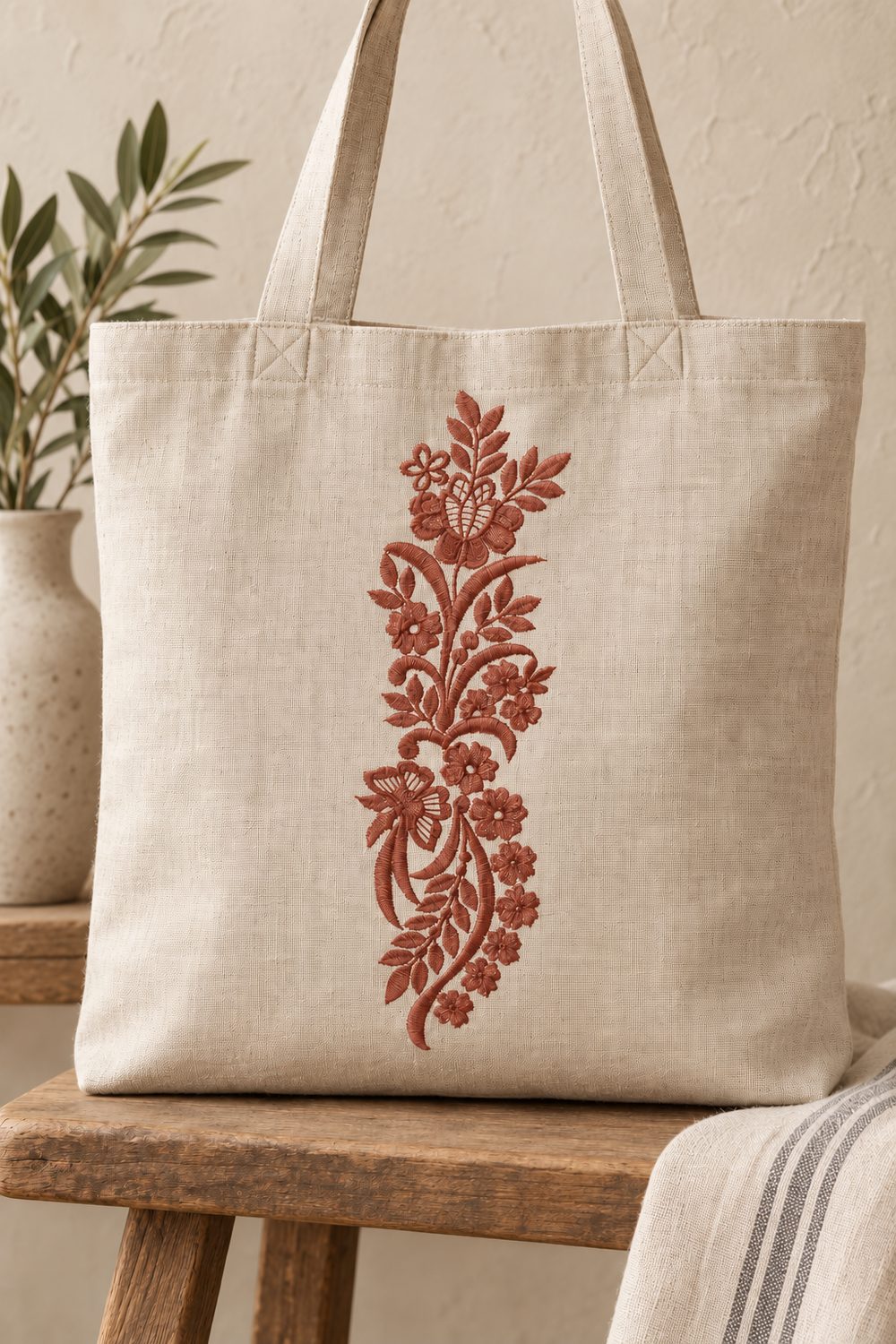 Single-color smoked-terracotta butterfly floral machine embroidery on a natural linen tote