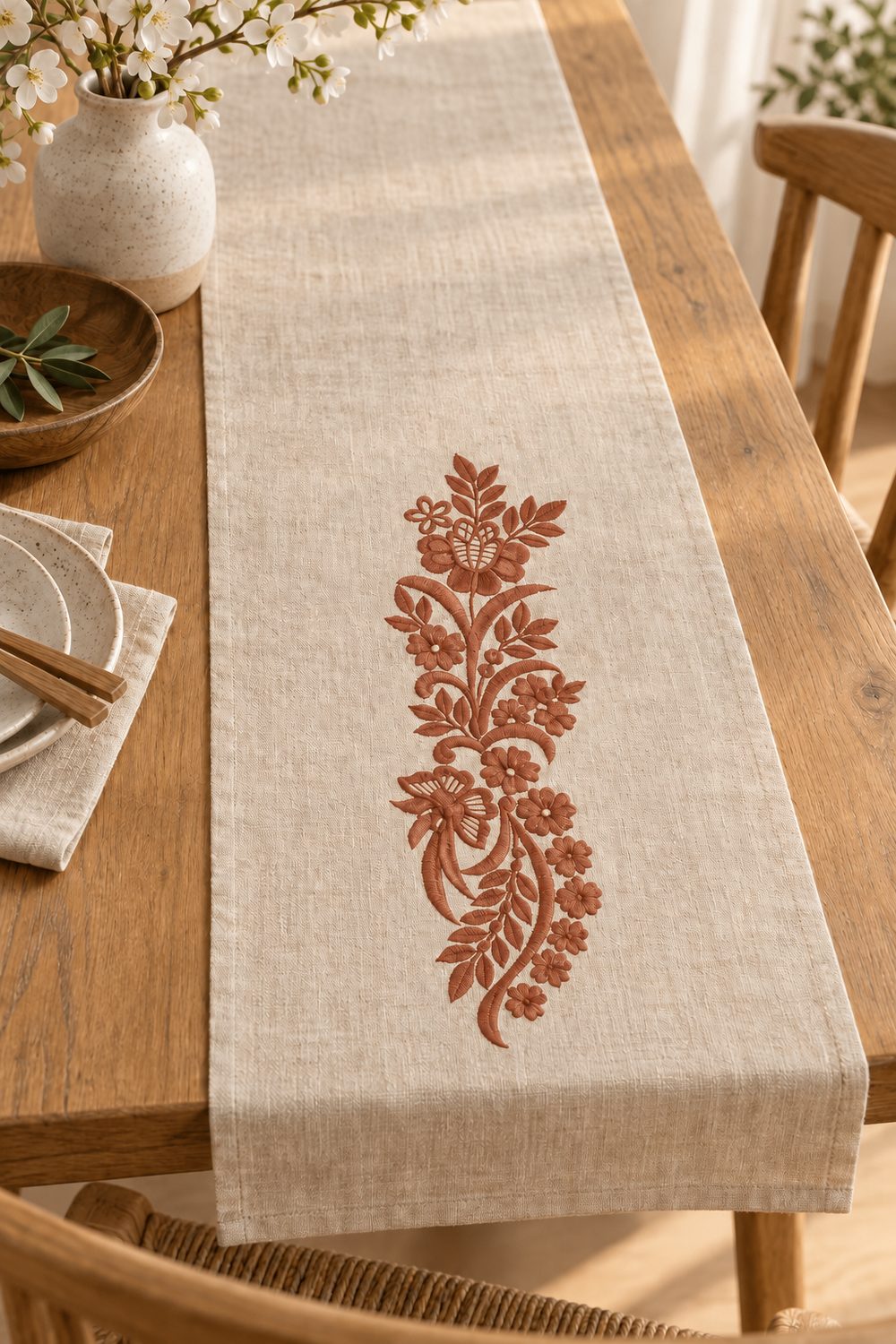 Single-color smoked-terracotta butterfly floral machine embroidery on a linen table runner