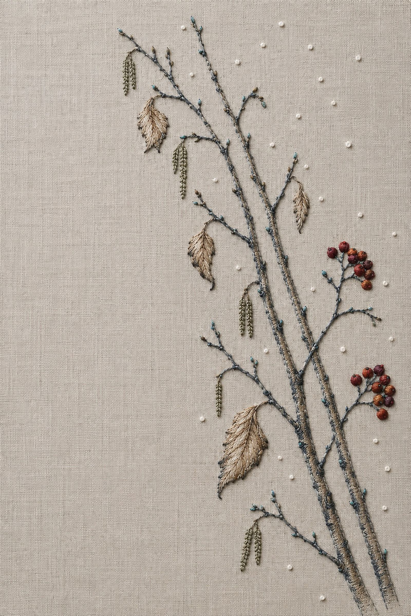 Illustrative embroidery design: Pale birch trunks, catkins and dried leaves cross a snow-dotted field with red berry accents.