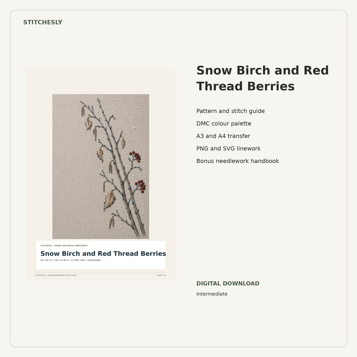 Snow Birch and Red Thread Berries PDF stitch guide cover, pattern files and bonus needlework handbook.