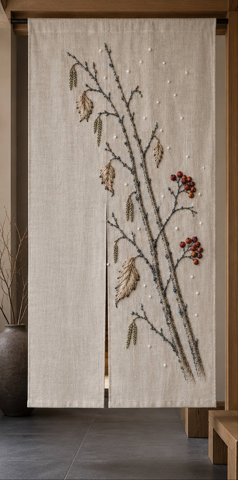 Framed linen panel mockup featuring the Snow Birch and Red Thread Berries hand embroidery design. Pale birch trunks, catkins and dried leaves cross a snow-dotted field with red berry accents.