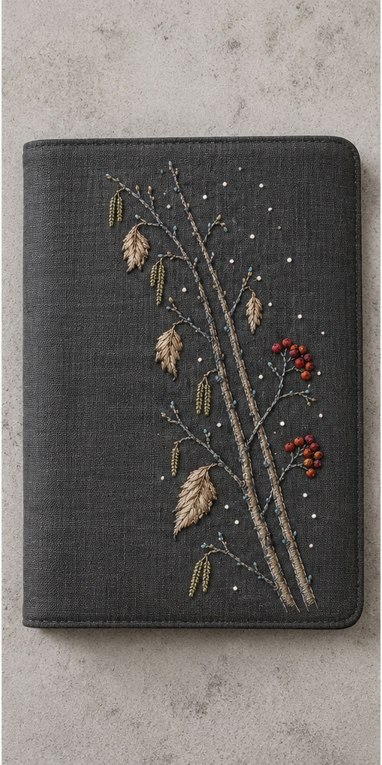Dark botanical textile flat lay mockup featuring the Snow Birch and Red Thread Berries hand embroidery design. Pale birch trunks, catkins and dried leaves cross a snow-dotted field with red berry accents.
