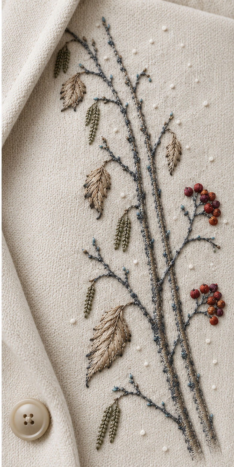 Light linen coat mockup featuring the Snow Birch and Red Thread Berries hand embroidery design. Pale birch trunks, catkins and dried leaves cross a snow-dotted field with red berry accents.