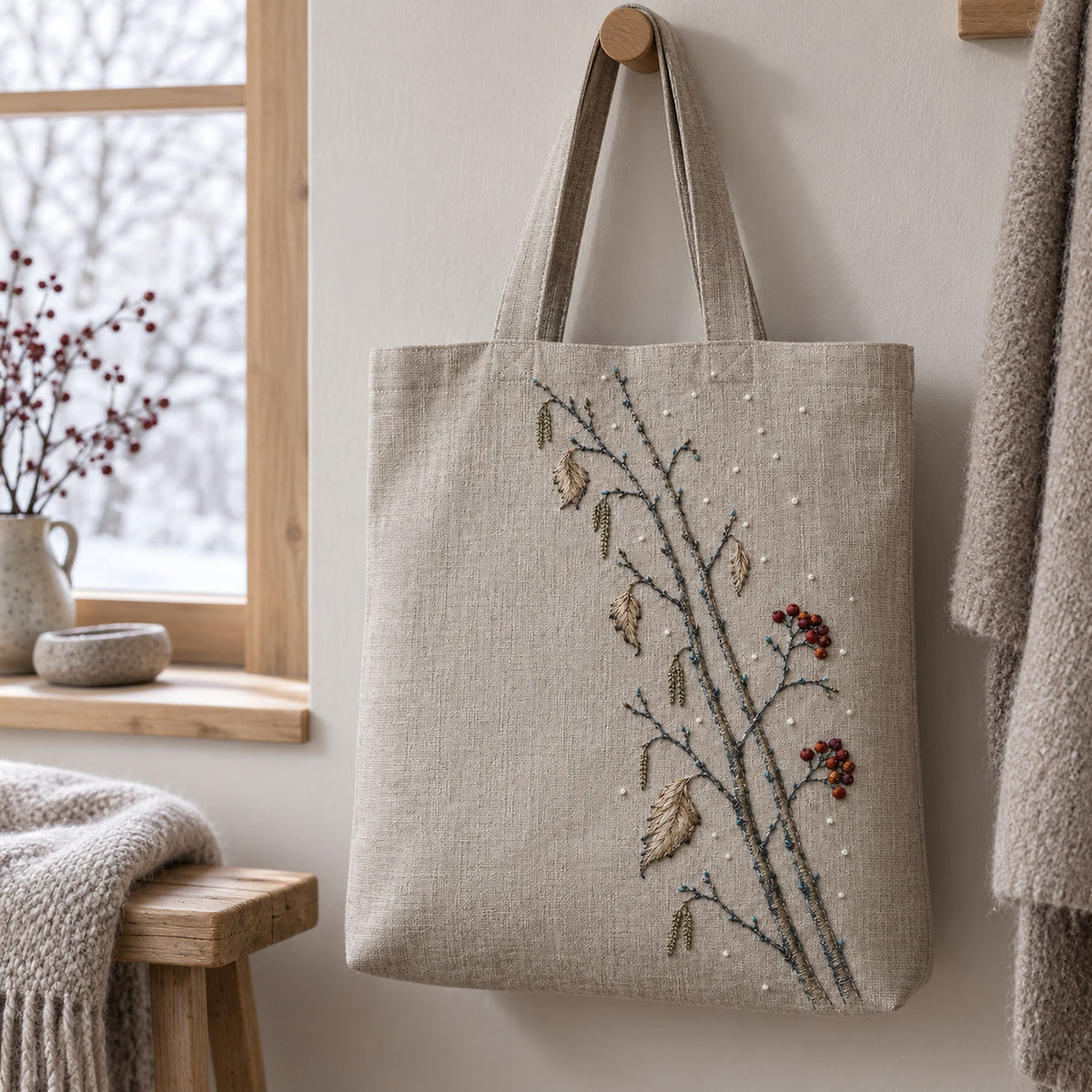 Light linen coat mockup featuring the Snow Birch and Red Thread Berries hand embroidery design. Pale birch trunks, catkins and dried leaves cross a snow-dotted field with red berry accents.