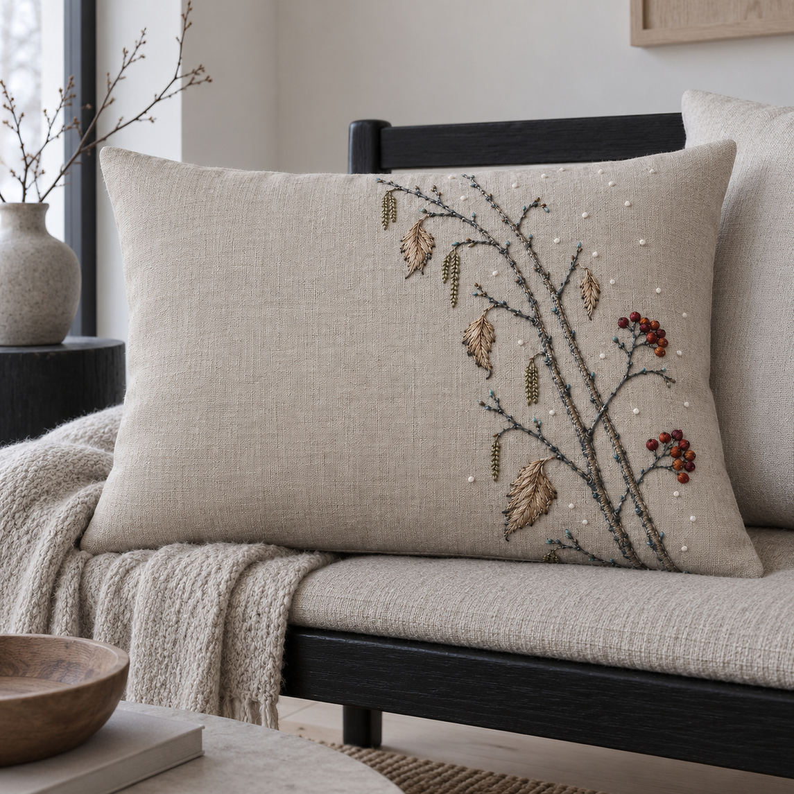 Linen cushion mockup featuring the Snow Birch and Red Thread Berries hand embroidery design. Pale birch trunks, catkins and dried leaves cross a snow-dotted field with red berry accents.