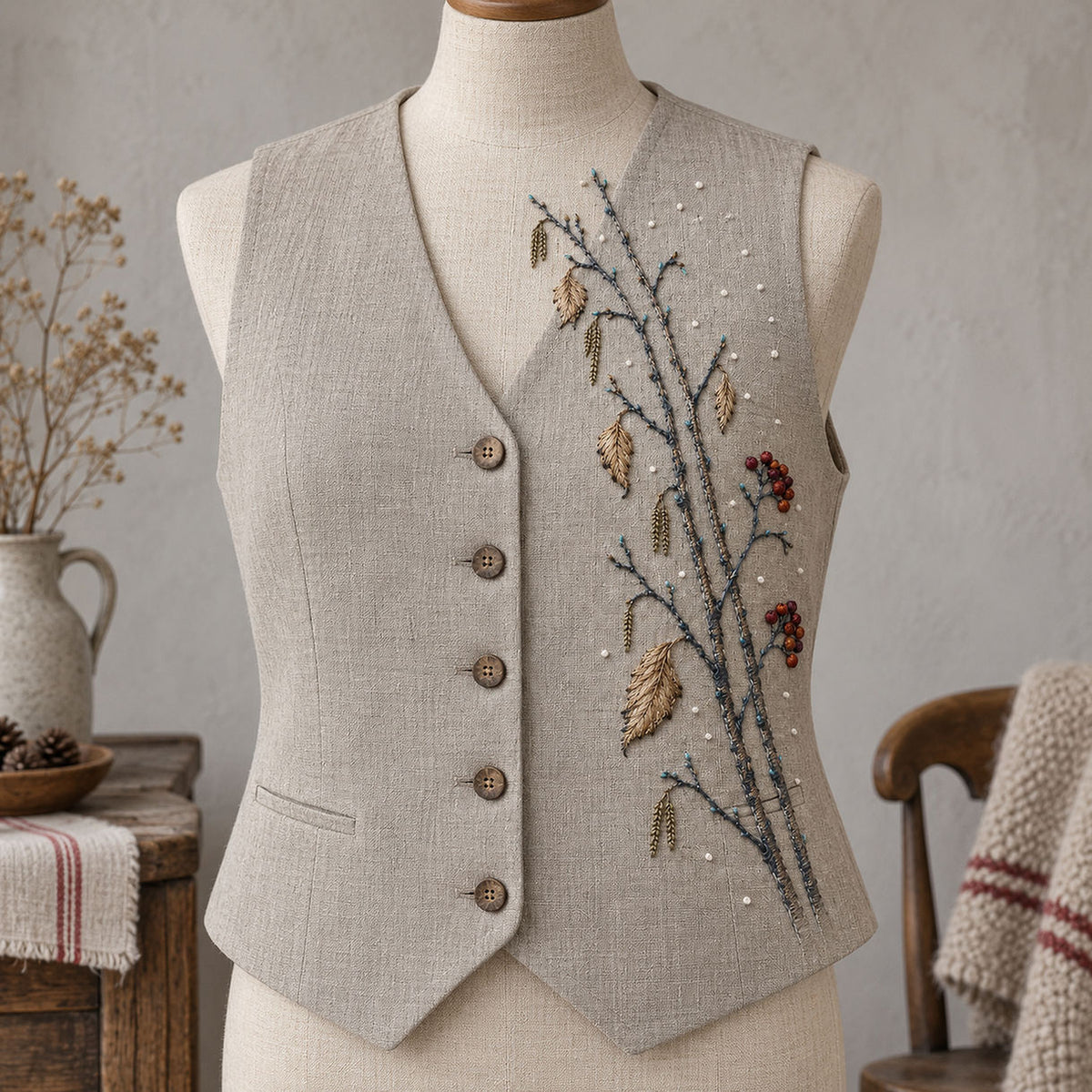 Linen vest mockup featuring the Snow Birch and Red Thread Berries hand embroidery design. Pale birch trunks, catkins and dried leaves cross a snow-dotted field with red berry accents.