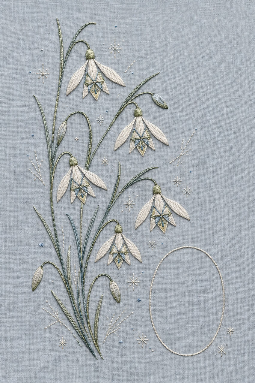Illustrative embroidery design: Hanging snowdrops rise through blade-like leaves beside a clear oval and scattered frost stars.