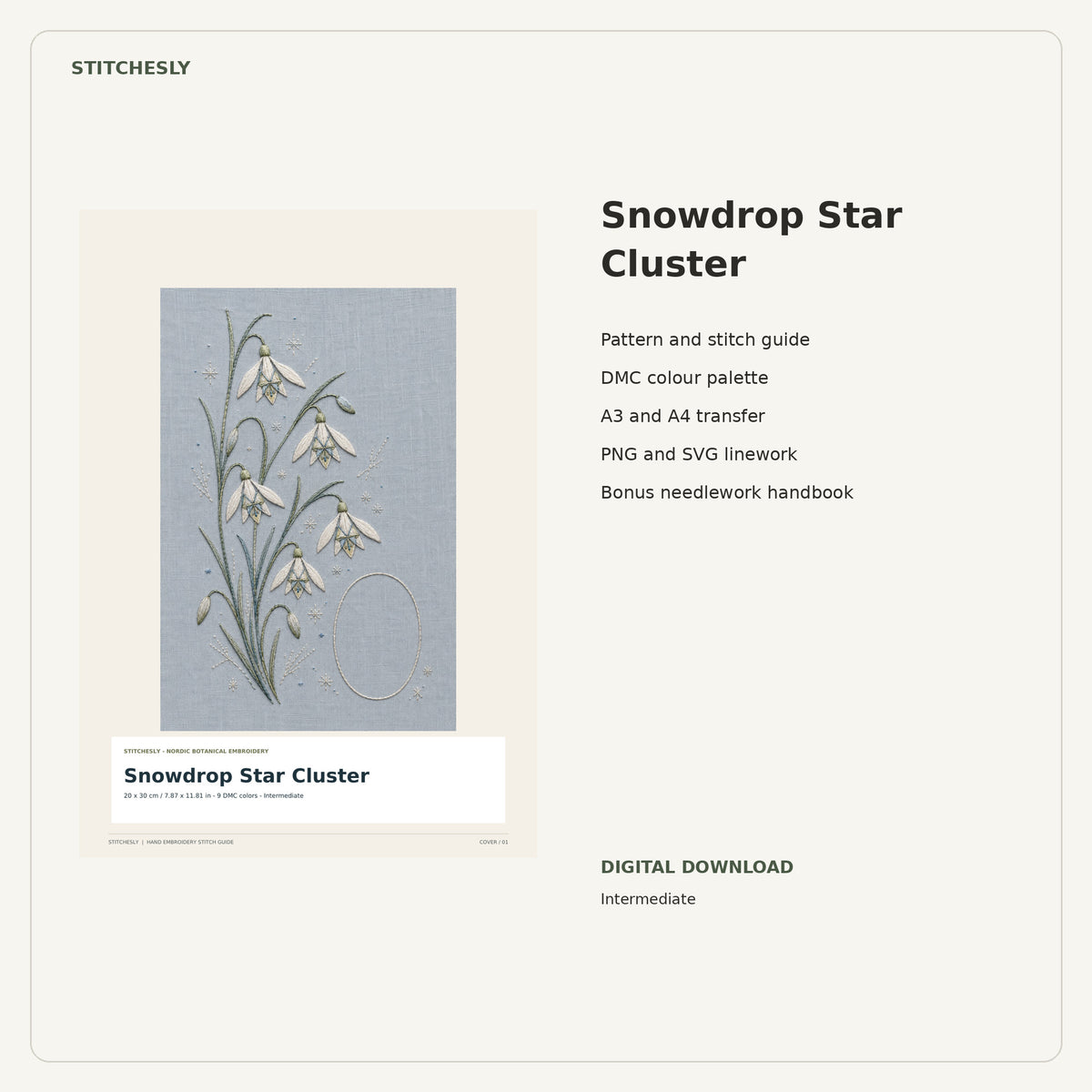 Snowdrop Star Cluster PDF stitch guide cover, pattern files and bonus needlework handbook.