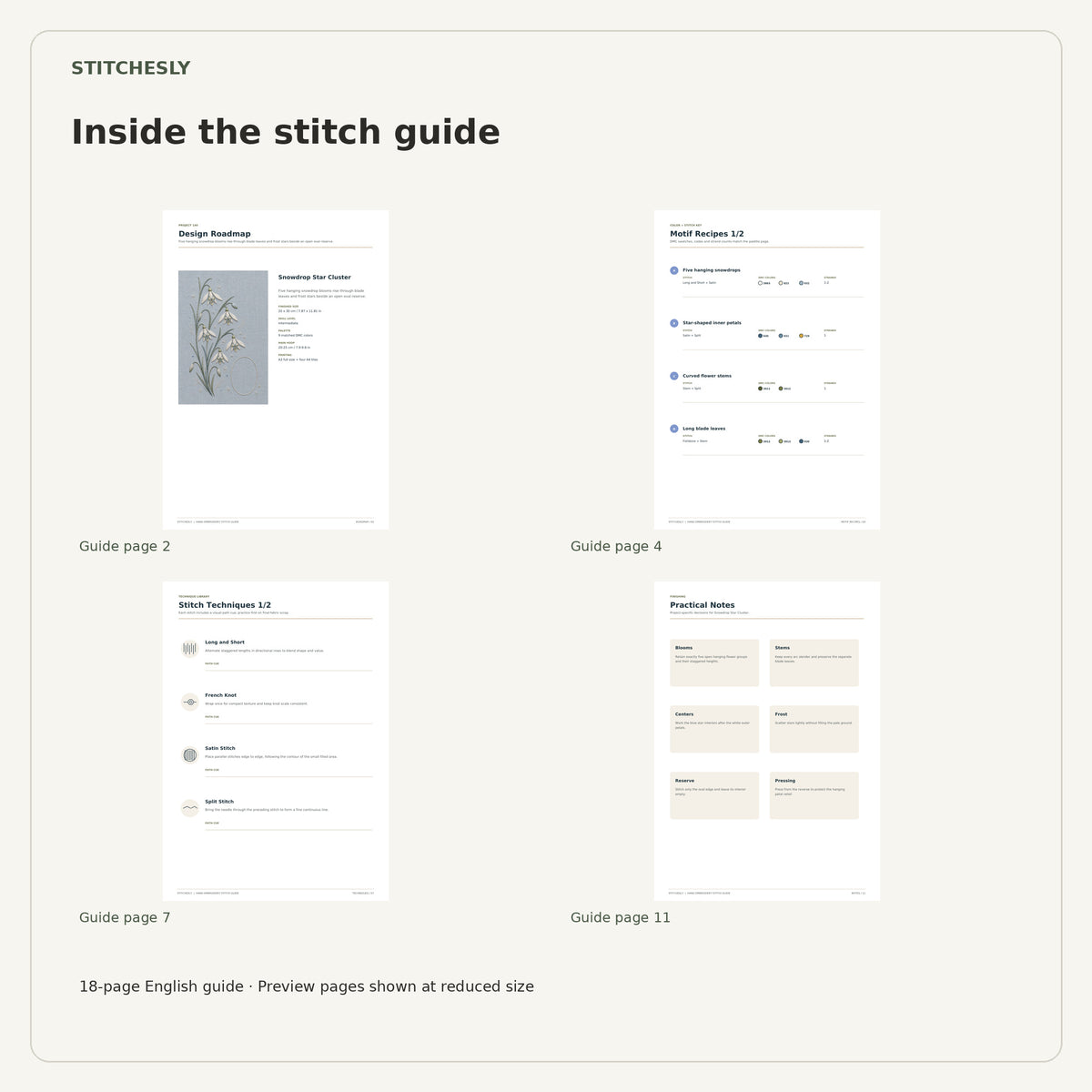 Four reduced-size preview pages from the 18-page Snowdrop Star Cluster stitch guide.