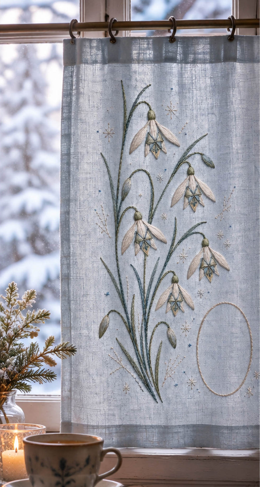 Hanging blue linen panel mockup featuring the Snowdrop Star Cluster hand embroidery design. Hanging snowdrops rise through blade-like leaves beside a clear oval and scattered frost stars.