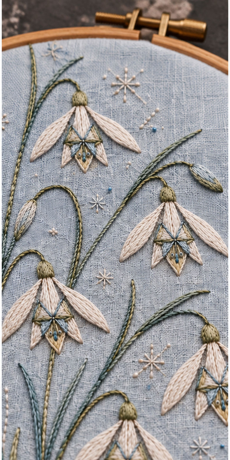 Blue textile flat lay mockup featuring the Snowdrop Star Cluster hand embroidery design. Hanging snowdrops rise through blade-like leaves beside a clear oval and scattered frost stars.