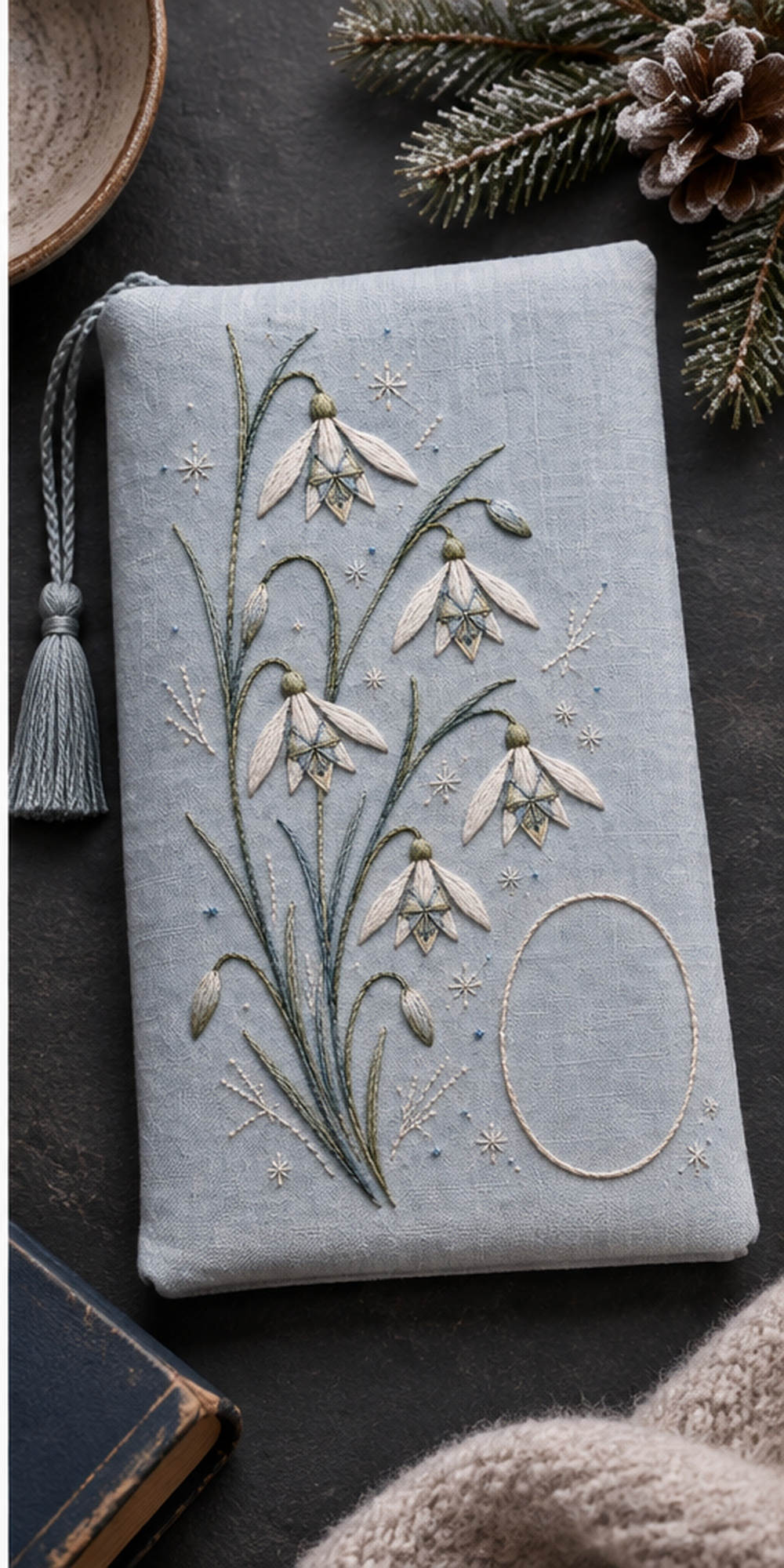 Linen notebook cover mockup featuring the Snowdrop Star Cluster hand embroidery design. Hanging snowdrops rise through blade-like leaves beside a clear oval and scattered frost stars.