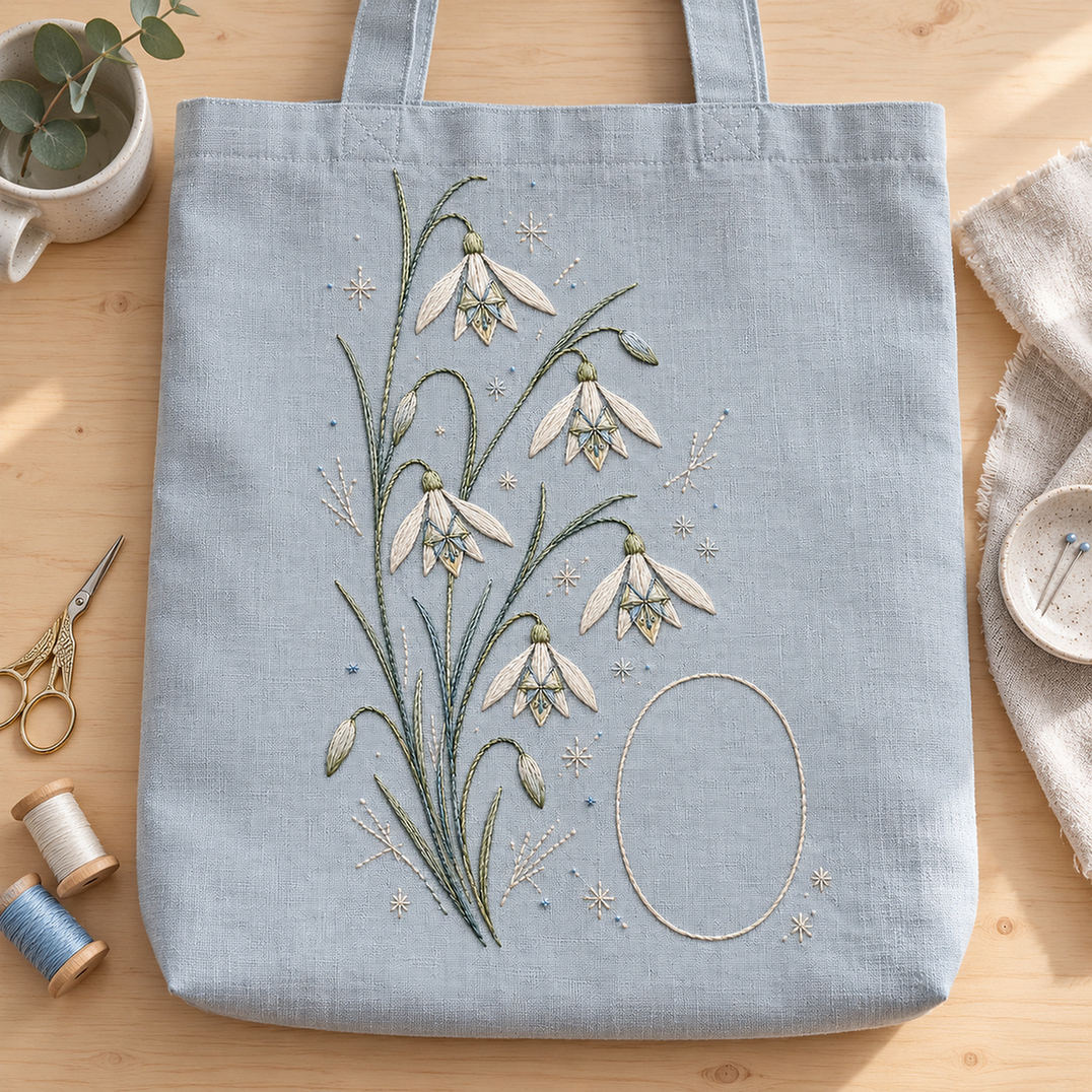 Blue linen tote bag mockup featuring the Snowdrop Star Cluster hand embroidery design. Hanging snowdrops rise through blade-like leaves beside a clear oval and scattered frost stars.