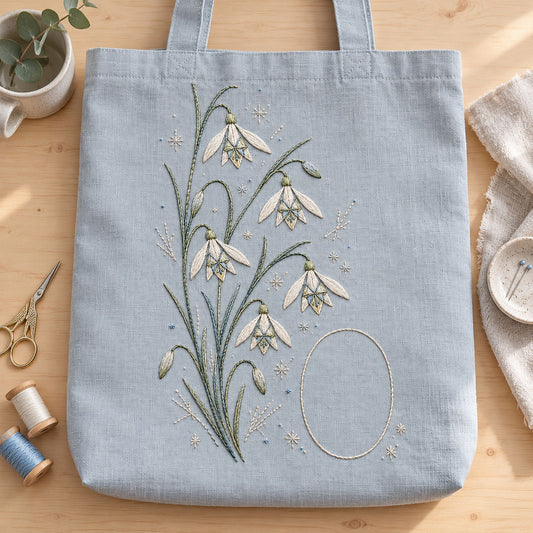 Blue linen tote bag mockup featuring the Snowdrop Star Cluster hand embroidery design. Hanging snowdrops rise through blade-like leaves beside a clear oval and scattered frost stars.