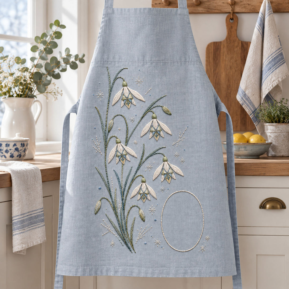 Blue linen shirt mockup featuring the Snowdrop Star Cluster hand embroidery design. Hanging snowdrops rise through blade-like leaves beside a clear oval and scattered frost stars.