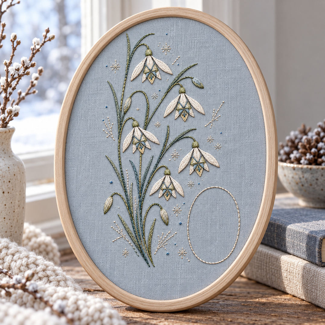 Embroidery hoop mockup featuring the Snowdrop Star Cluster hand embroidery design. Hanging snowdrops rise through blade-like leaves beside a clear oval and scattered frost stars.