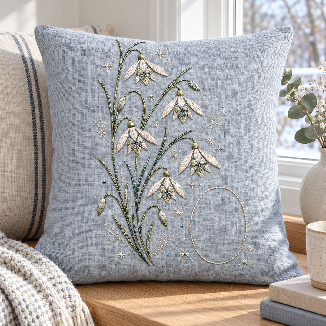 Blue linen cushion mockup featuring the Snowdrop Star Cluster hand embroidery design. Hanging snowdrops rise through blade-like leaves beside a clear oval and scattered frost stars.