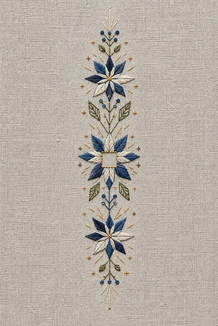 Illustrative embroidery design: Blue-white snowflowers form a narrow vertical arrangement around an unfilled square detail.