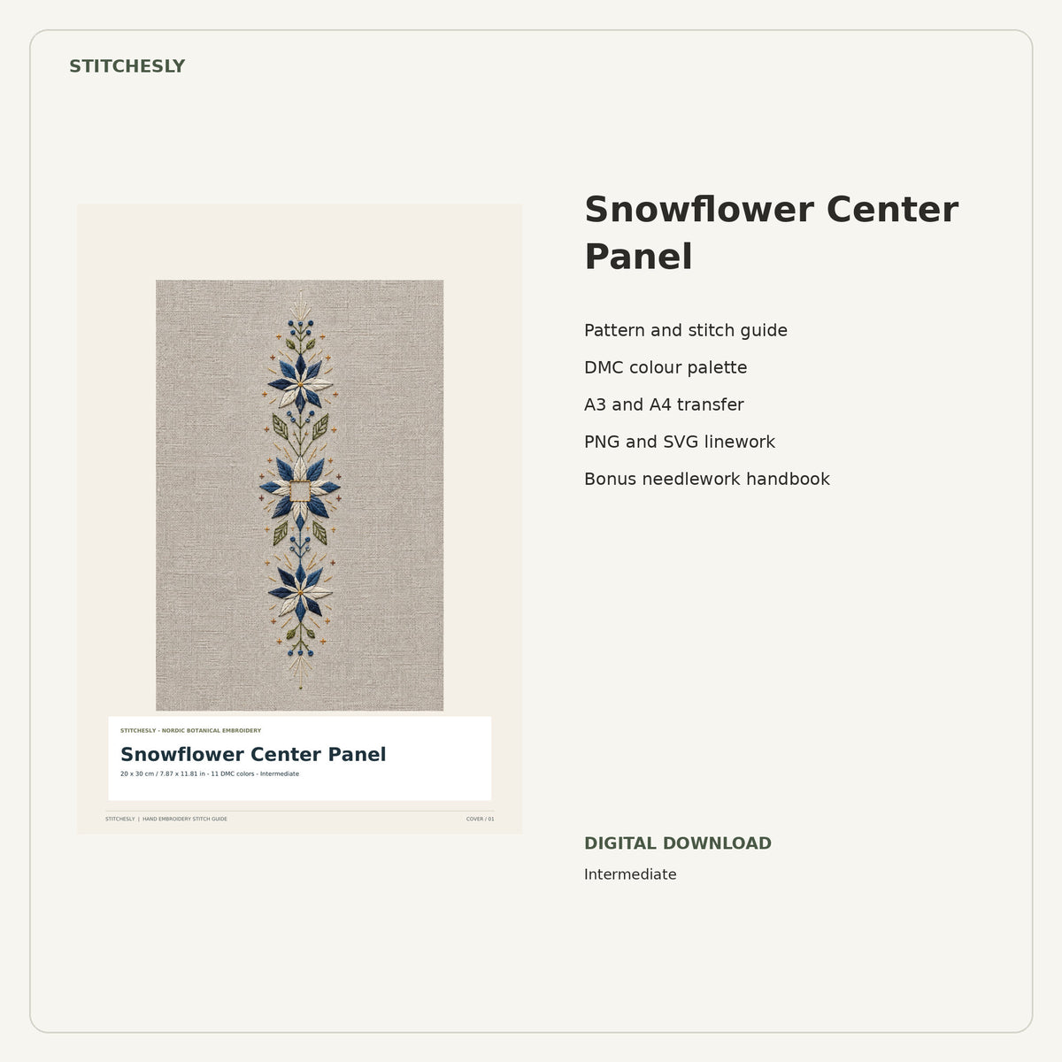 Snowflower Center Panel PDF stitch guide cover, pattern files and bonus needlework handbook.