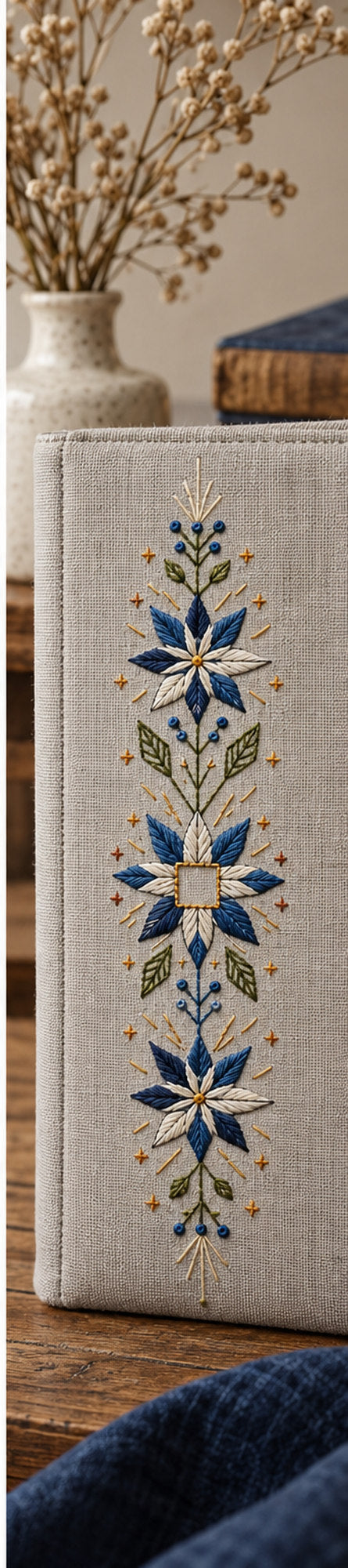 Linen panel on a chair mockup featuring the Snowflower Center Panel hand embroidery design. Blue-white snowflowers form a narrow vertical arrangement around an unfilled square detail.