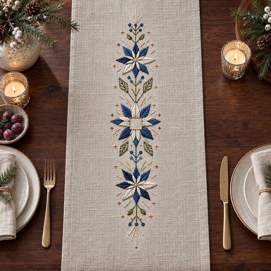 Linen table runner mockup featuring the Snowflower Center Panel hand embroidery design. Blue-white snowflowers form a narrow vertical arrangement around an unfilled square detail.