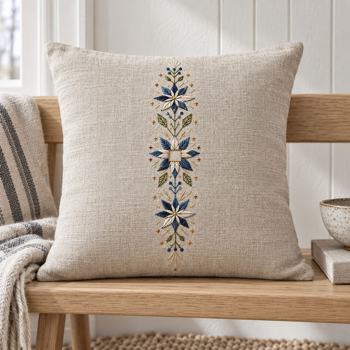 Linen cushion mockup featuring the Snowflower Center Panel hand embroidery design. Blue-white snowflowers form a narrow vertical arrangement around an unfilled square detail.