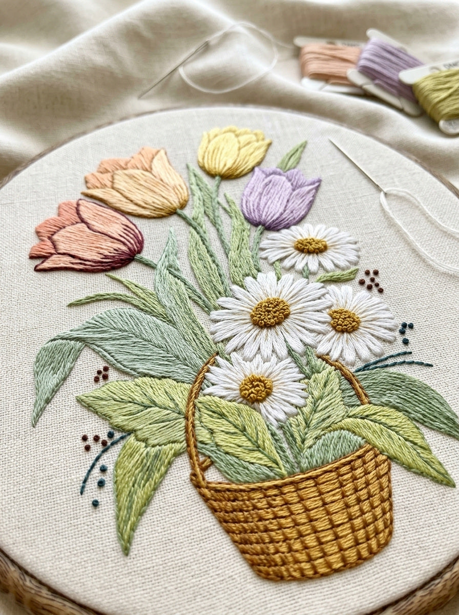 Spring Basket Floral Motif Easter from Easter & Spring Embroidery Book 1, a digital embroidery design reference for machine embroidery designs, embroidery patterns and seasonal embroidery motifs.