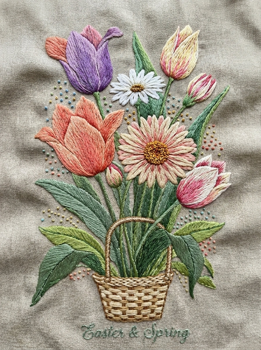 Spring Basket Floral Motif Easter from Easter & Spring Embroidery Book 3, a digital embroidery design reference for machine embroidery designs, embroidery patterns and seasonal embroidery motifs.