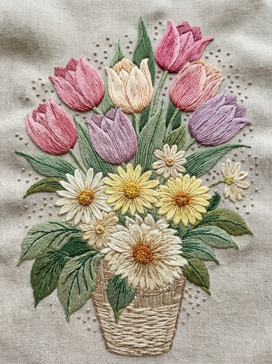 Spring Basket Floral Motif Easter from Easter & Spring Embroidery Book 2, a digital embroidery design reference for machine embroidery designs, embroidery patterns and seasonal embroidery motifs.
