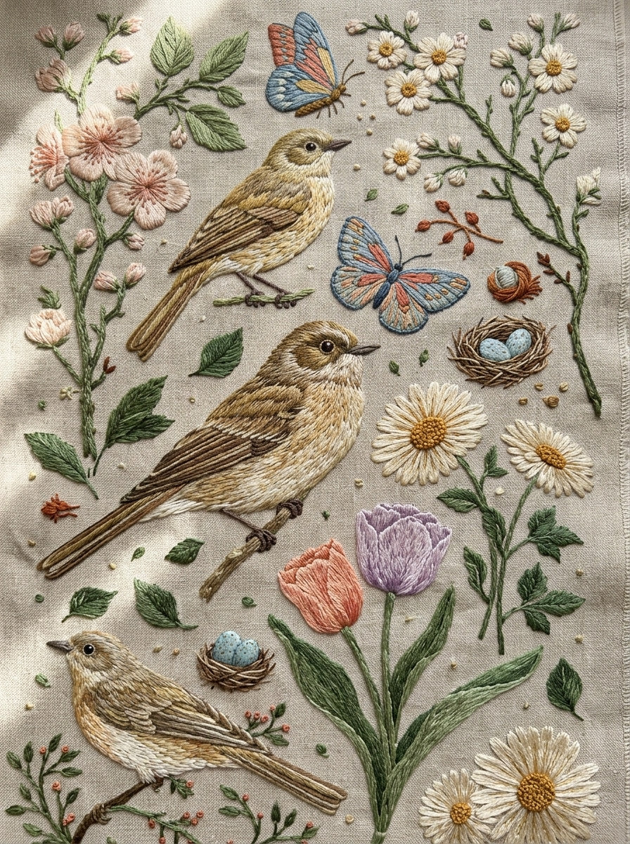 Spring Birds Butterflies And Garden from Easter & Spring Embroidery Book 3, a digital embroidery design reference for machine embroidery designs, embroidery patterns and seasonal embroidery motifs.