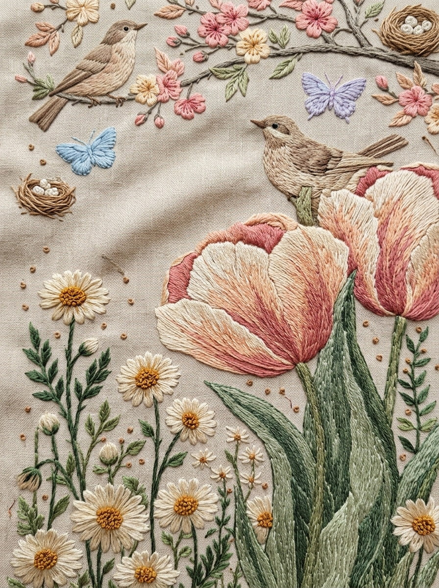 Spring Birds Butterflies And Garden from Easter & Spring Embroidery Book 4, a digital embroidery design reference for machine embroidery designs, embroidery patterns and seasonal embroidery motifs.