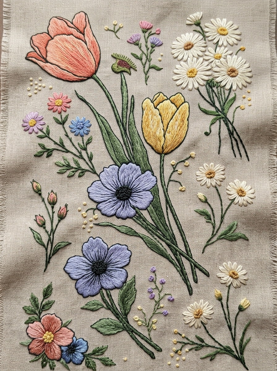 Spring Florals Tulips And Daisies from Easter & Spring Embroidery Book 1, a digital embroidery design reference for machine embroidery designs, embroidery patterns and seasonal embroidery motifs.