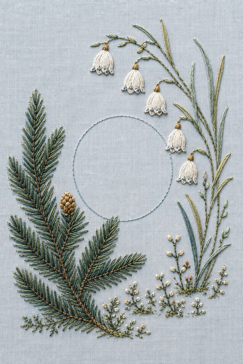 Illustrative embroidery design: A spruce branch sweeps beside hanging pale bells and an unfilled circle.
