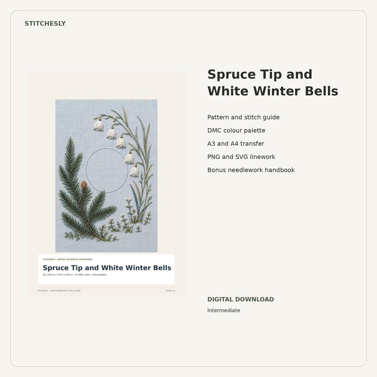 Spruce Tip and White Winter Bells PDF stitch guide cover, pattern files and bonus needlework handbook.