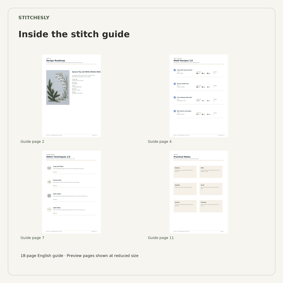 Four reduced-size preview pages from the 18-page Spruce Tip and White Winter Bells stitch guide.