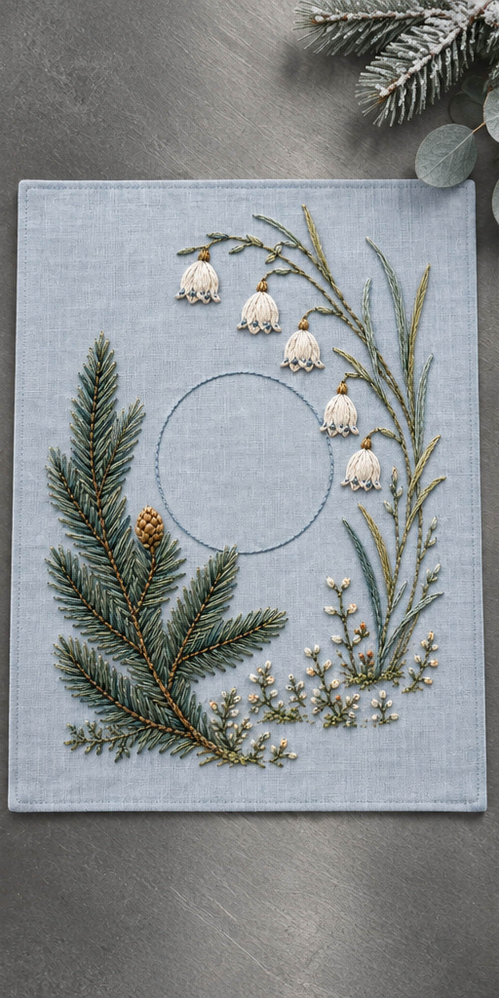 Botanical textile flat lay mockup featuring the Spruce Tip and White Winter Bells hand embroidery design. A spruce branch sweeps beside hanging pale bells and an unfilled circle.