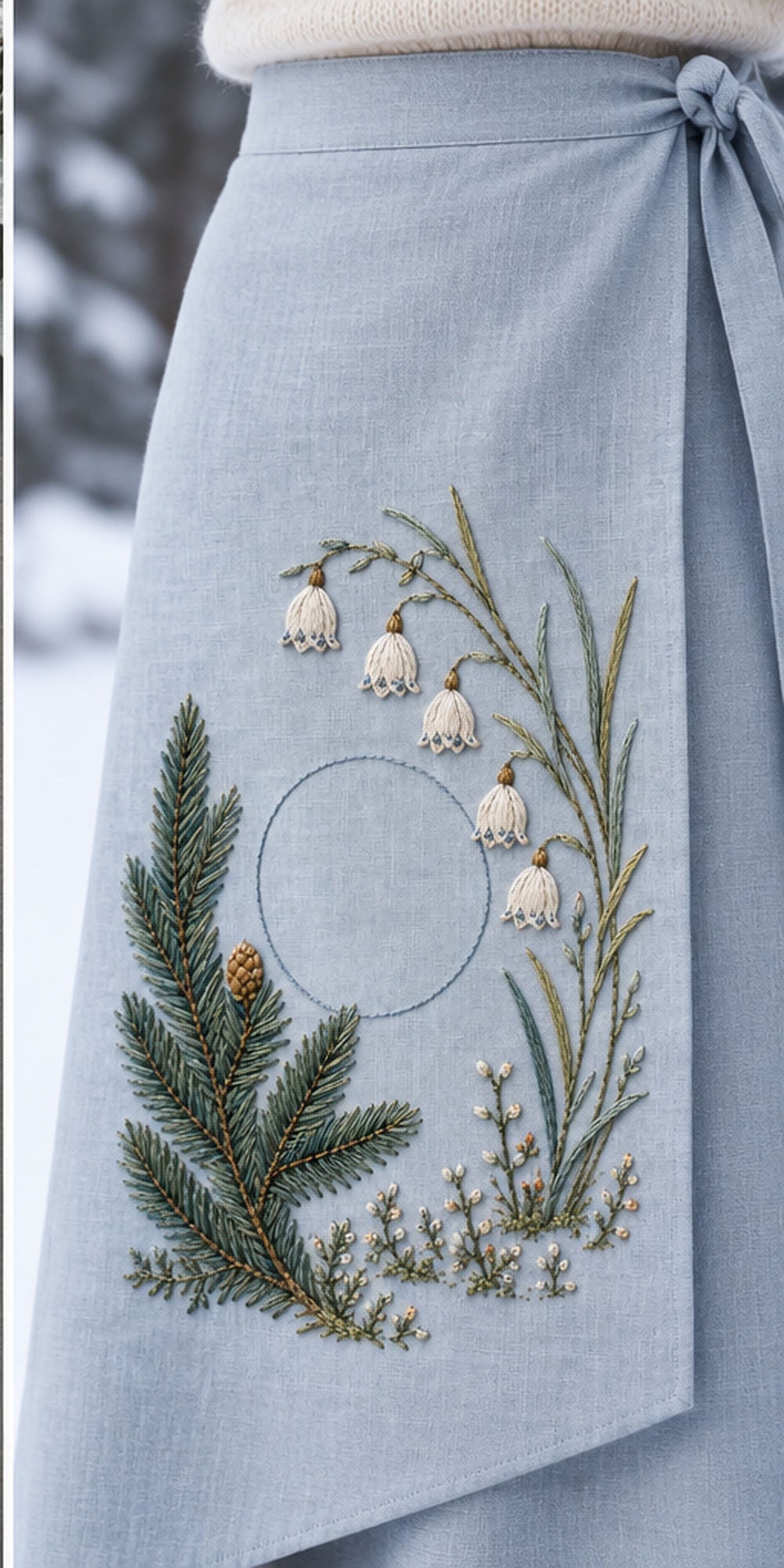 Blue linen drawstring bag mockup featuring the Spruce Tip and White Winter Bells hand embroidery design. A spruce branch sweeps beside hanging pale bells and an unfilled circle.