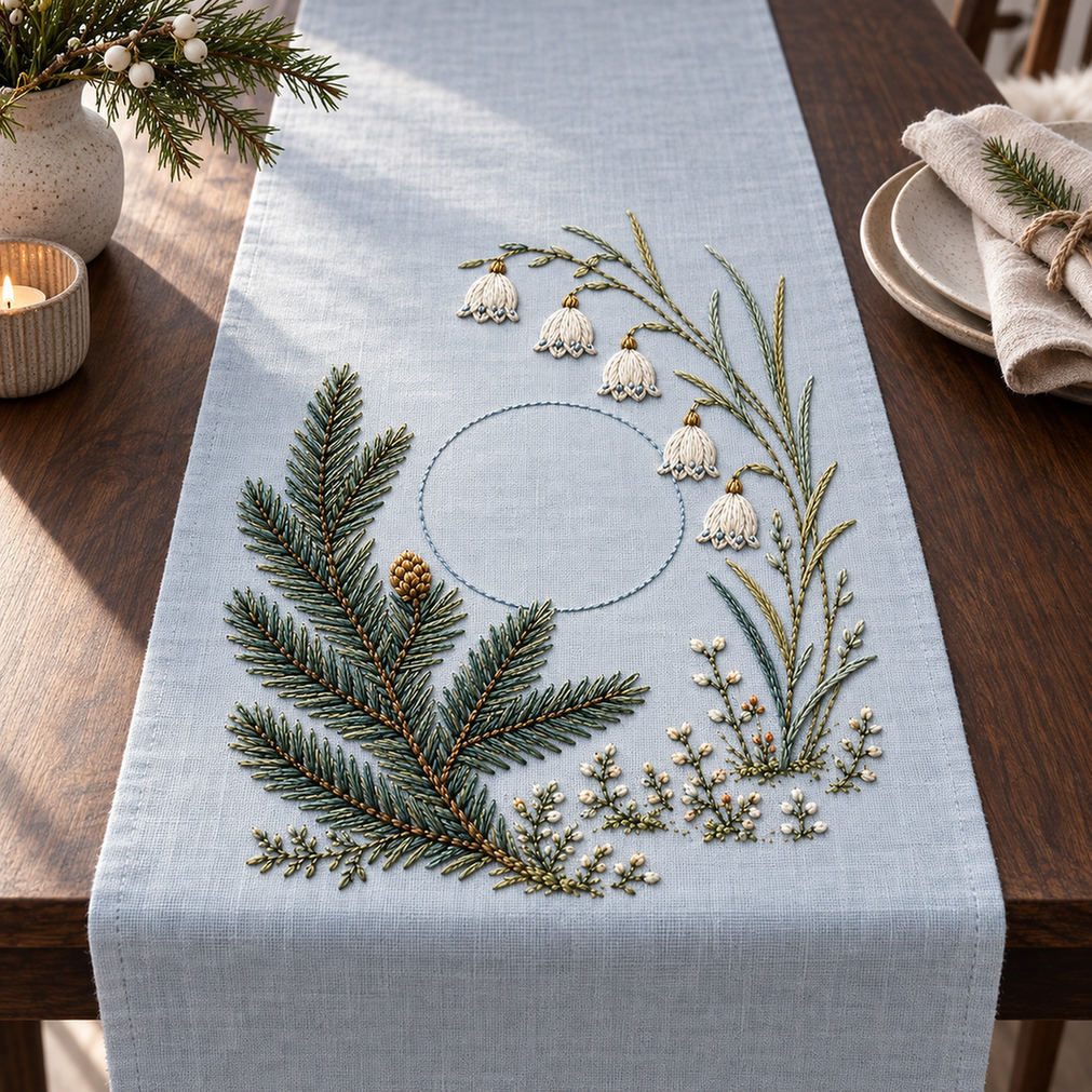 Light linen tote bag mockup featuring the Spruce Tip and White Winter Bells hand embroidery design. A spruce branch sweeps beside hanging pale bells and an unfilled circle.