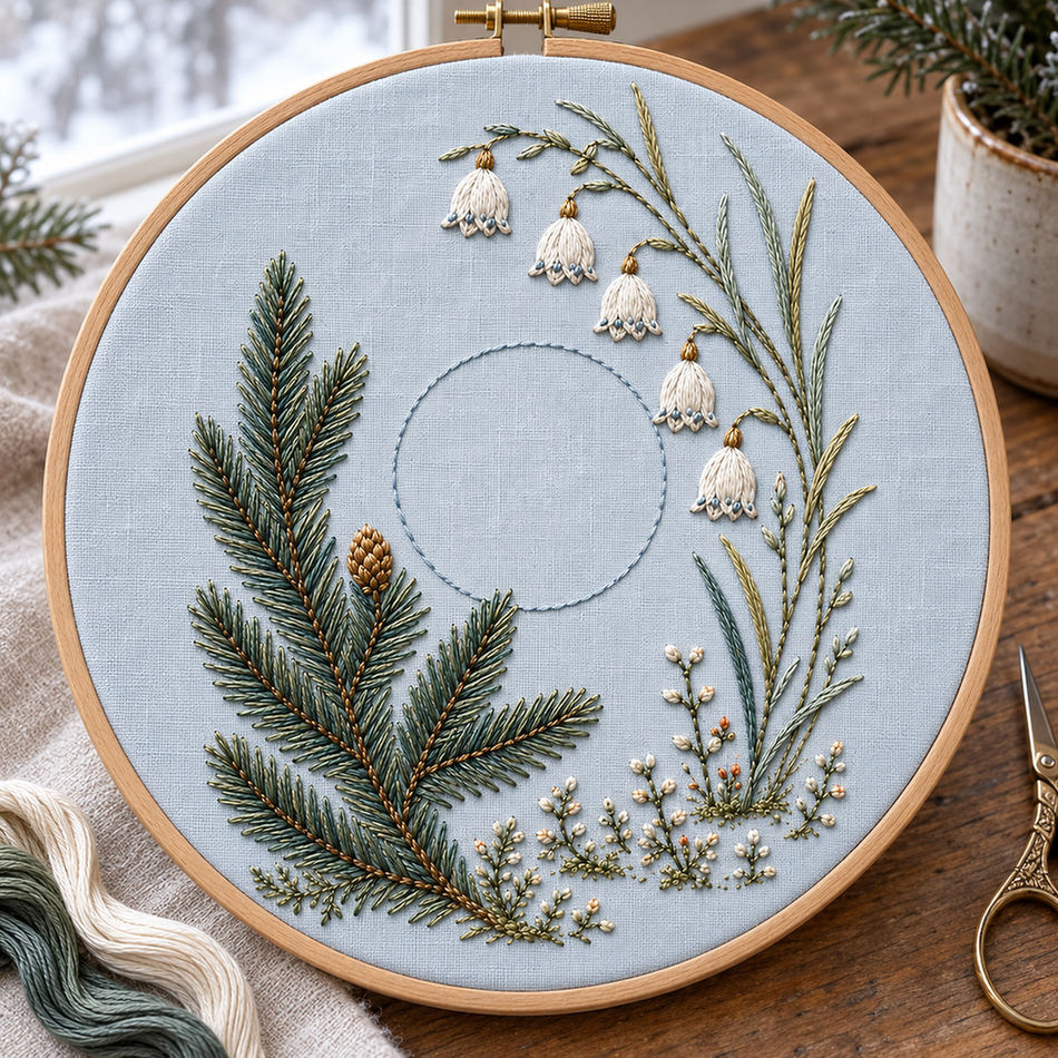 Embroidery hoop mockup featuring the Spruce Tip and White Winter Bells hand embroidery design. A spruce branch sweeps beside hanging pale bells and an unfilled circle.