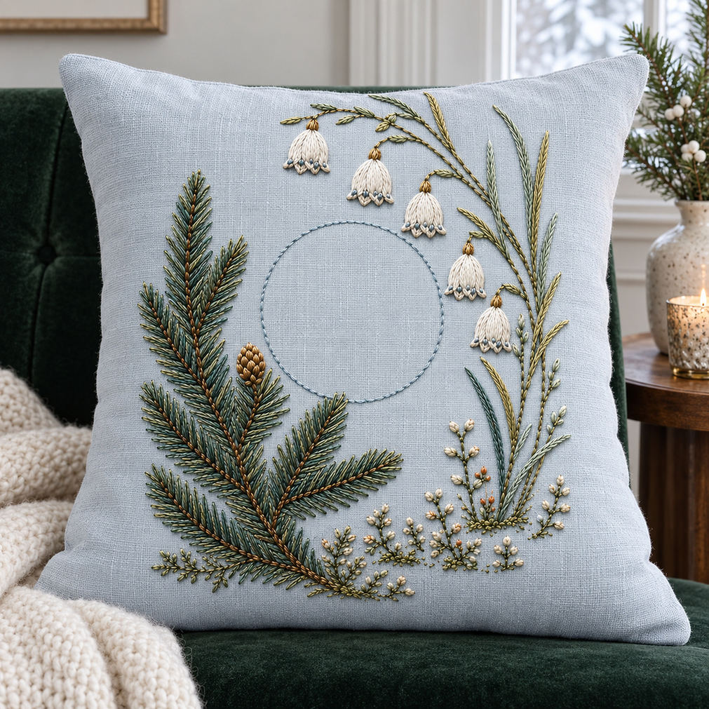 Blue linen cushion mockup featuring the Spruce Tip and White Winter Bells hand embroidery design. A spruce branch sweeps beside hanging pale bells and an unfilled circle.
