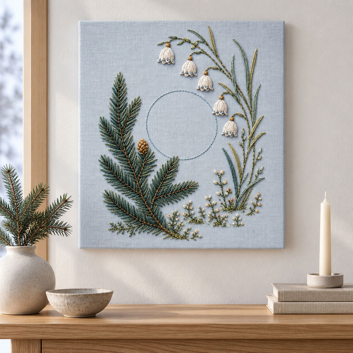 Framed botanical textile mockup featuring the Spruce Tip and White Winter Bells hand embroidery design. A spruce branch sweeps beside hanging pale bells and an unfilled circle.
