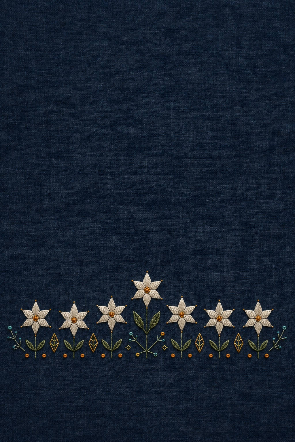 Illustrative embroidery design: White starflowers form a low border on indigo, with a taller central bloom and small geometric ground marks.