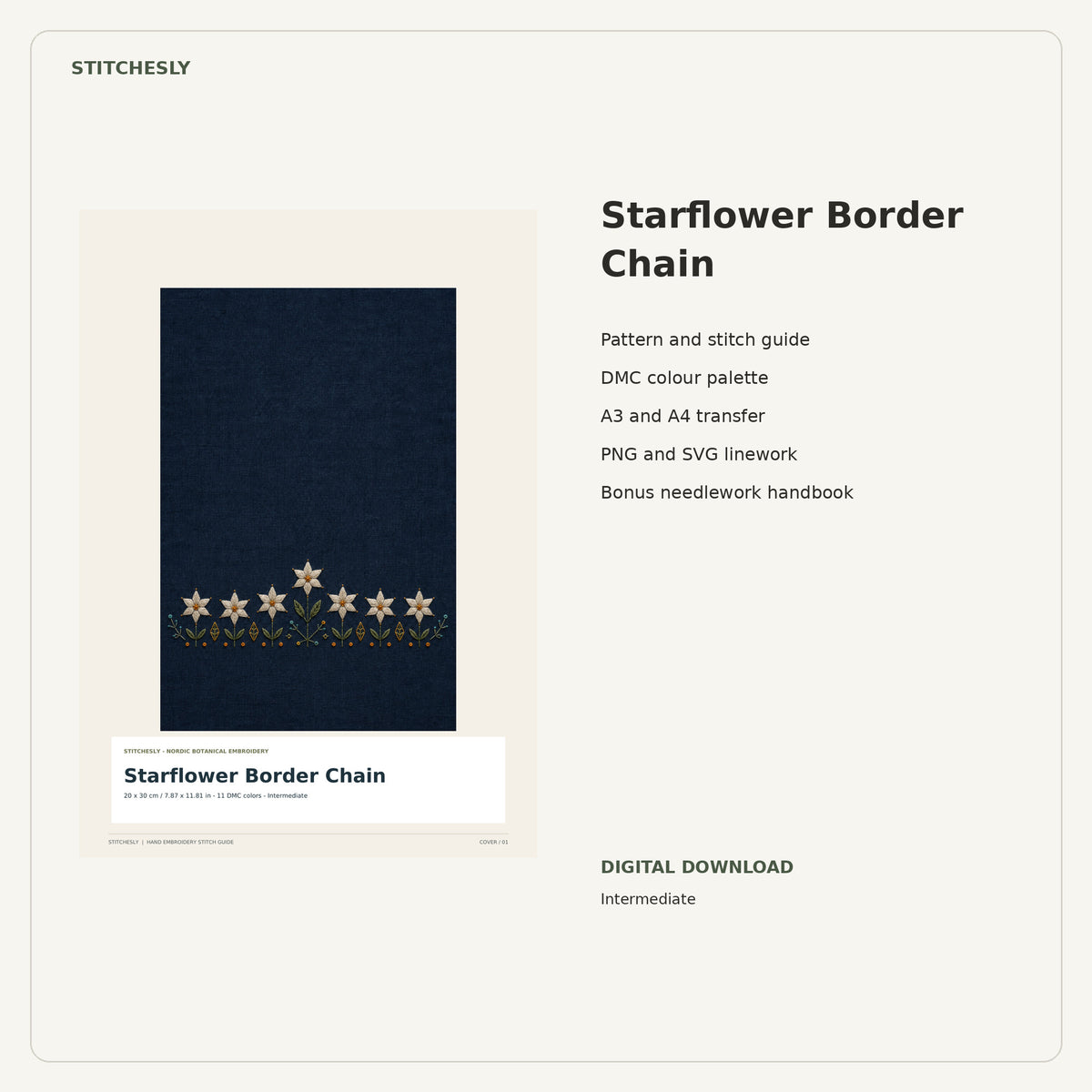 Starflower Border Chain PDF stitch guide cover, pattern files and bonus needlework handbook.