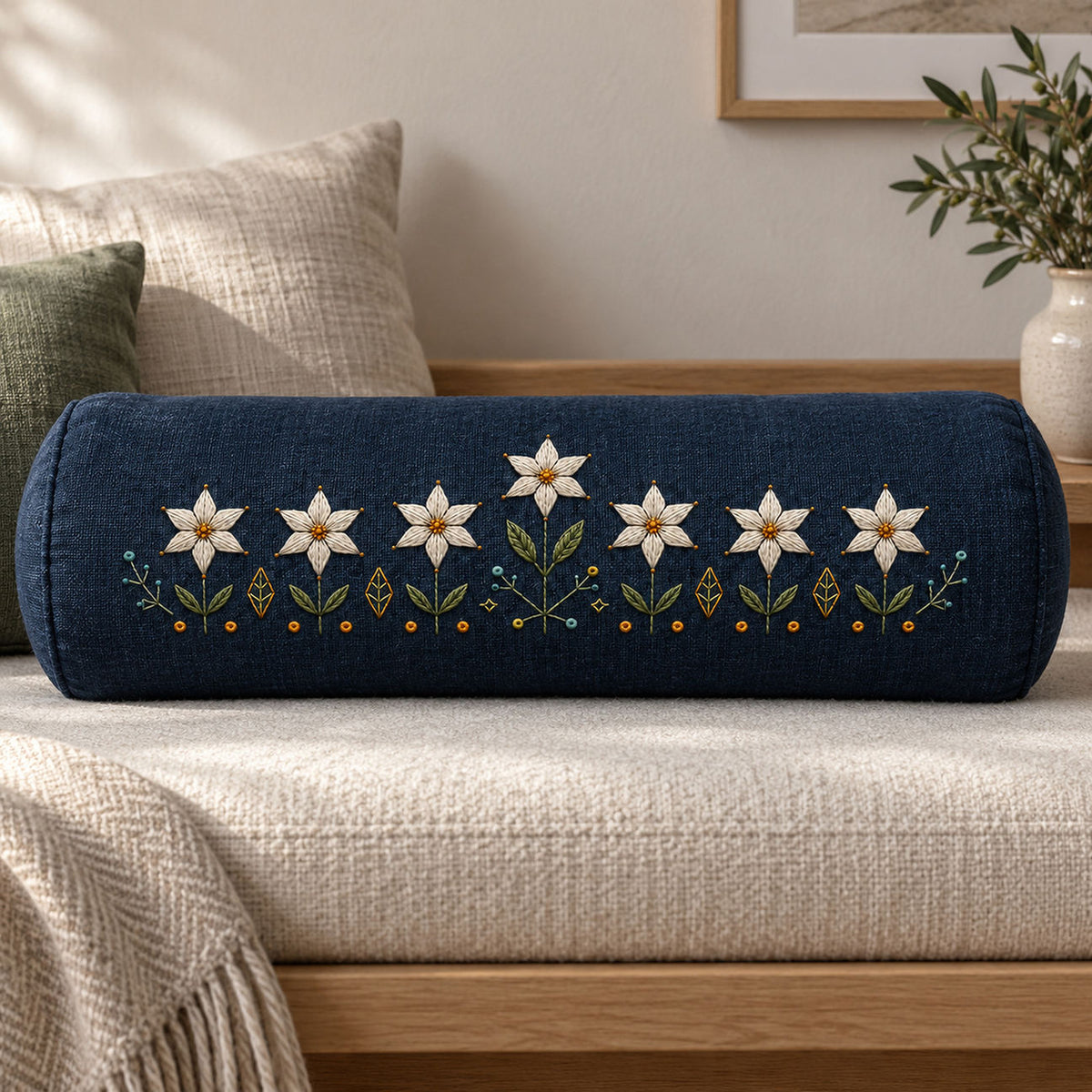 Long navy cushion mockup featuring the Starflower Border Chain hand embroidery design. White starflowers form a low border on indigo, with a taller central bloom and small geometric ground marks.
